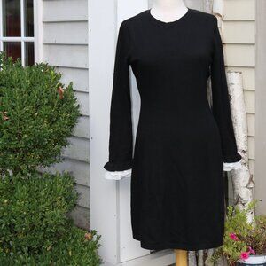 Tahari Black w White Ruffle Cuffs Modal Wool Blend Knit Sweater Dress Sz MEDIUM